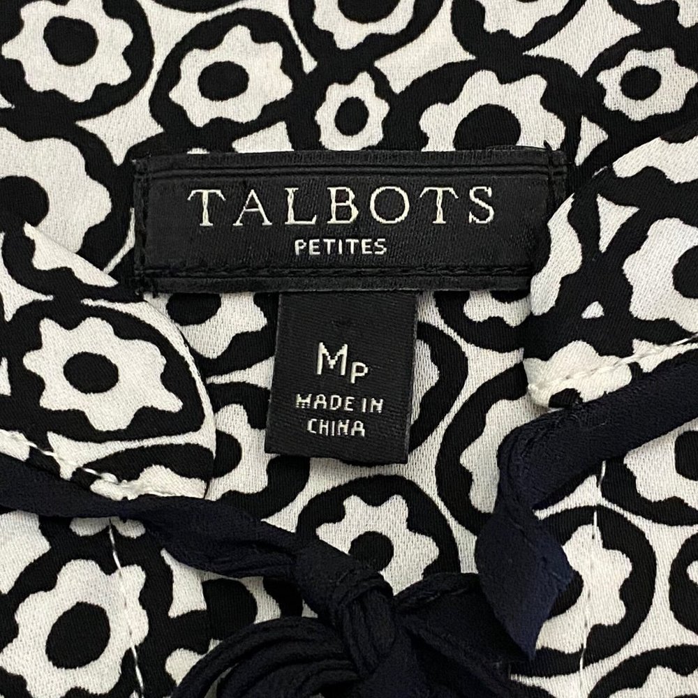 Talbots Petite Womens Sz Mp Black White Floral Tie Neck Button Front Blouse Top - Picture 9 of 10